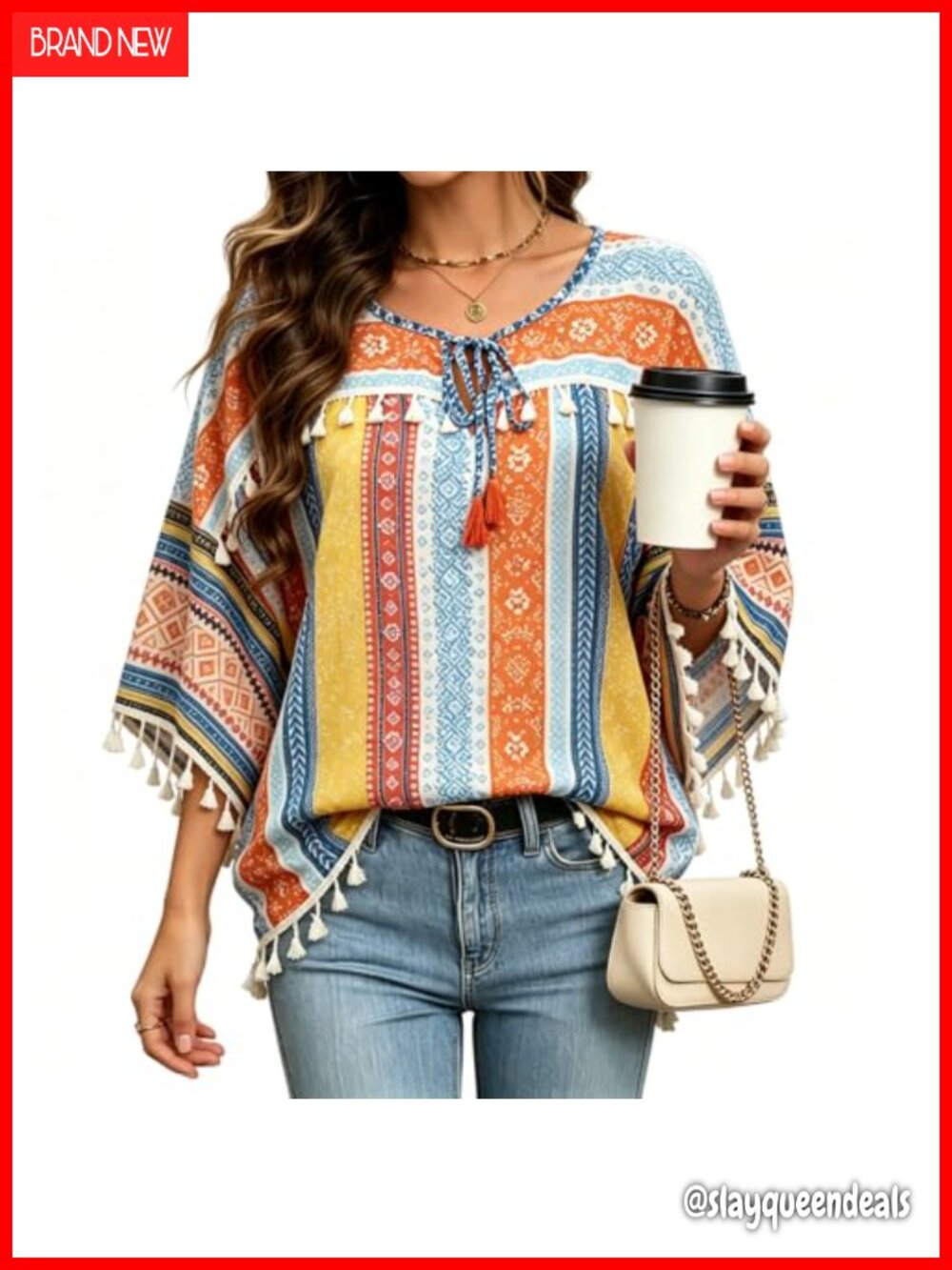 Boho Striped Tunic Top 3/4 Bell Sleeve Tassel Tie Front Loose Beach Blouse